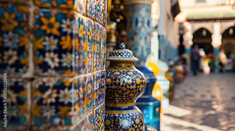 Poster A captivating view of the lively markets and colorful architecture of Marrakech��s medina with its bustling souks and intricate tilework, urban setting with vibrant colors, Marrakech style