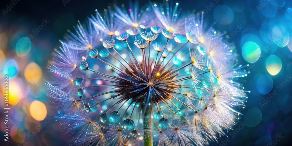 Poster A vibrant dandelion with dew drops sparkling like jewels against a backdrop of colorful bokeh