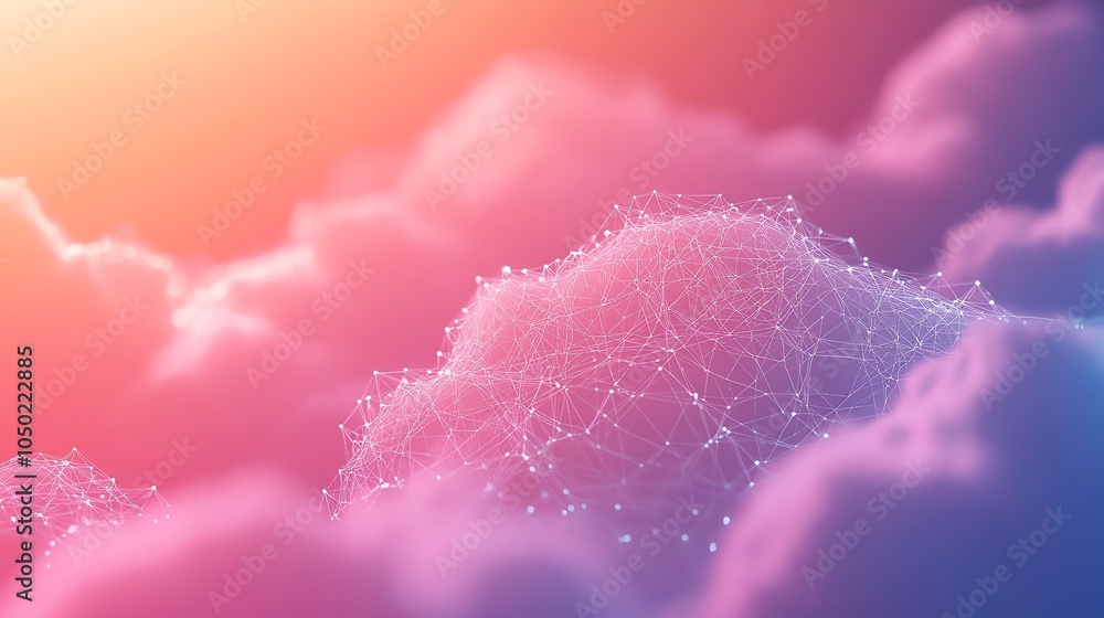 Poster a delicate, abstract network of interconnected lines and dots, set against a background of soft pink