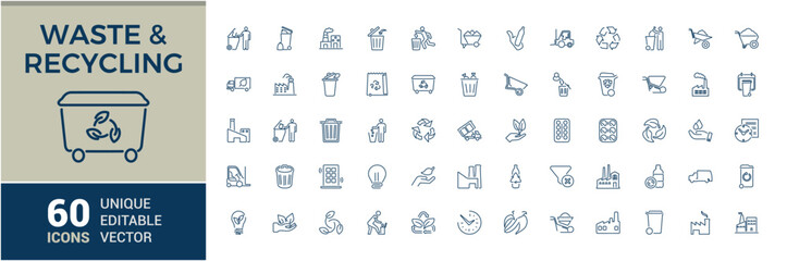 Waste Recycling vector line icon set. Includes thin line material, textile, sorting, bin, household, ecological and more. Set of line pictogram. Editable vector stroke