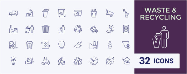 Waste Recycling vector line icon set. Includes thin line material, textile, sorting, bin, household, ecological and more. Set of line pictogram. Editable vector stroke