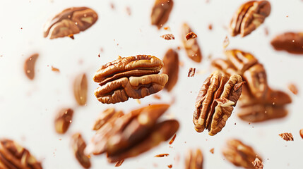 Pecan background. A group of delicious pecan nuts dancing in the air. The concept of movement and energy is as if pecans are floating in the air