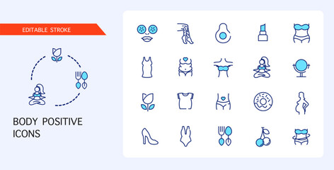 A body positive. Body. Health. Love and self-acceptance. A vector image. A set of icons. A woman's body.