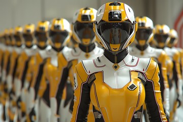 Fototapeta premium A line of futuristic robots in yellow and white suits stand in formation.