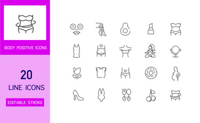 A body positive. Body. Health. Love and self-acceptance. A vector image. A set of icons. A woman's body.