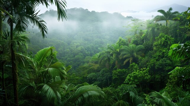 A captivating view of the lush rainforests of Costa Rica with dense foliage and a misty atmosphere, jungle setting with vibrant greenery, Mystical style