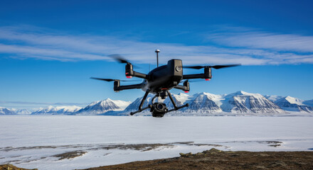 Naklejka premium Black drone flies over snowy mountainous landscape with clear blue skies