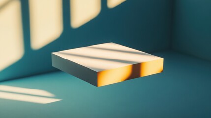 The mockup of a business card hovers, creating striking shadows against a reflective backdrop