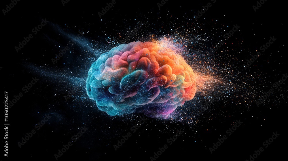 Poster a colorful brain formed from swirling paint and liquid effects illuminated by dynamic lighting in a 