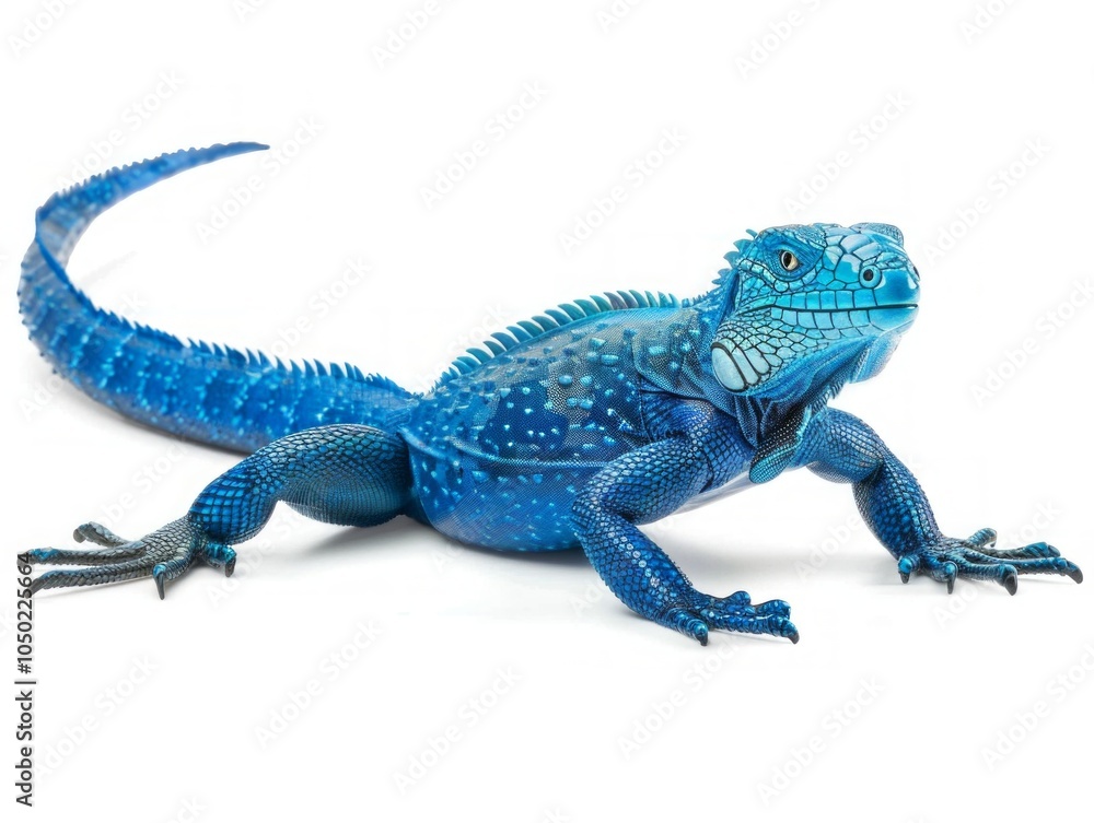 Aufkleber blue iguana stands with confidence on a pristine white background displaying its striking blue scale