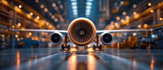 detailed view of aircraft engine in aerospace facility, showcasing intricate design and technology involved in aviation. vibrant atmosphere highlights advanced manufacturing environment