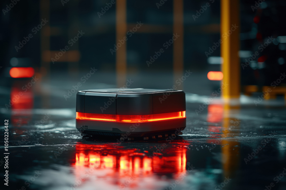 Poster smart warehouse featuring advanced robots and ai systems, showcasing sleek robotic unit with glowing