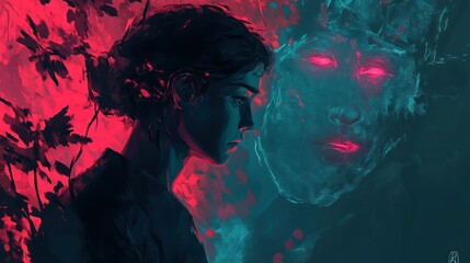 Obraz premium Mysterious Portrait of Person Facing Glowing Ethereal Visage