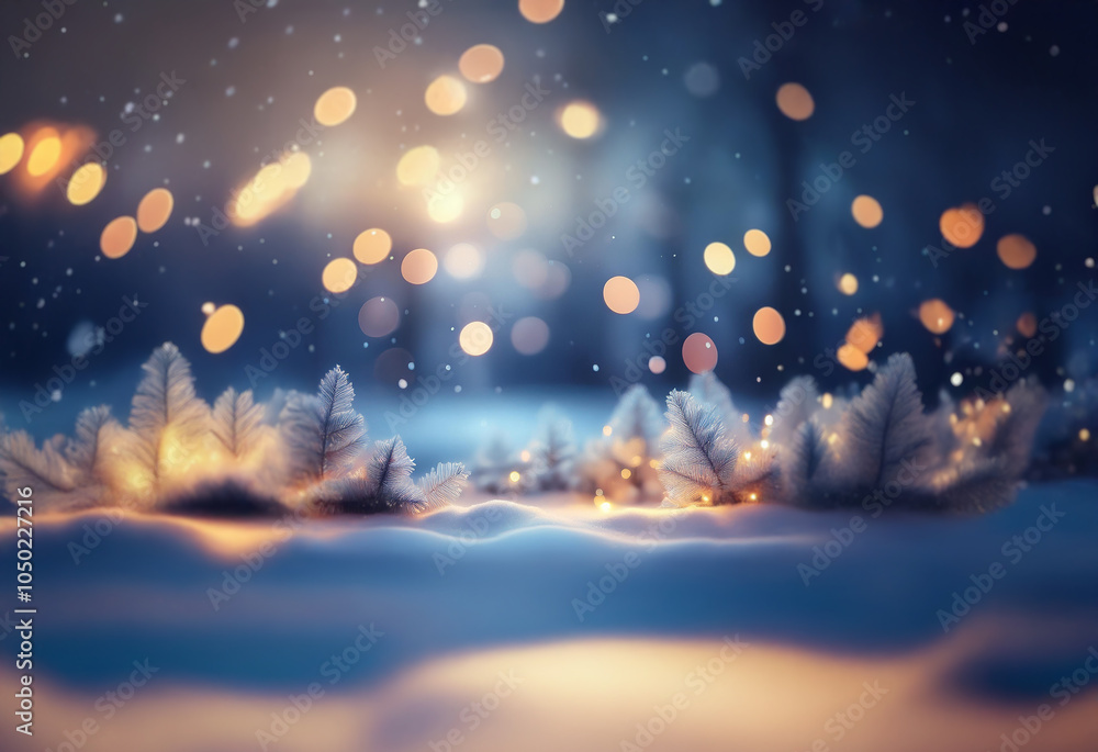 Poster a snowy landscape with a warm glow from the bokeh lights in the distance and frost-covered branches 