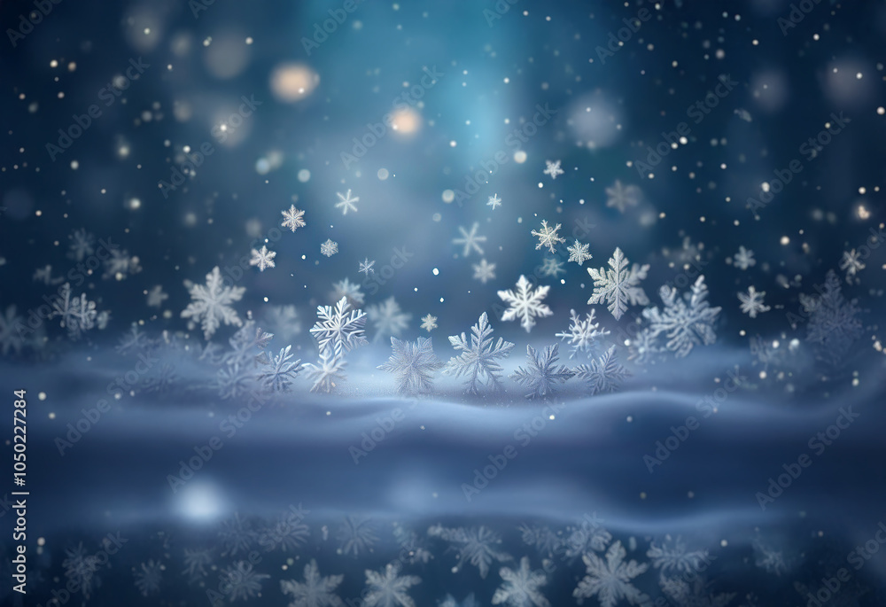 Poster a field of snow with falling snowflakes and a beam of light shining down from above.