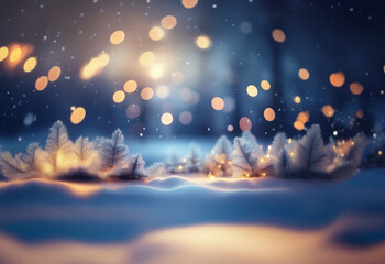 Fototapeta premium A snowy landscape with a warm glow from the bokeh lights in the distance and frost-covered branches in the foreground.