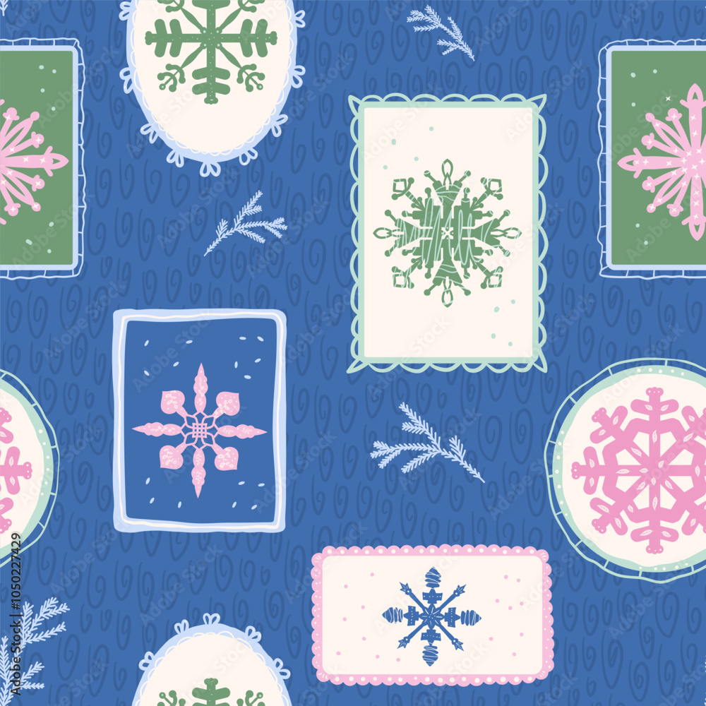 Poster snowflake in frames seamless pattern. winter endless background. christmas preppy repeat cover. cold