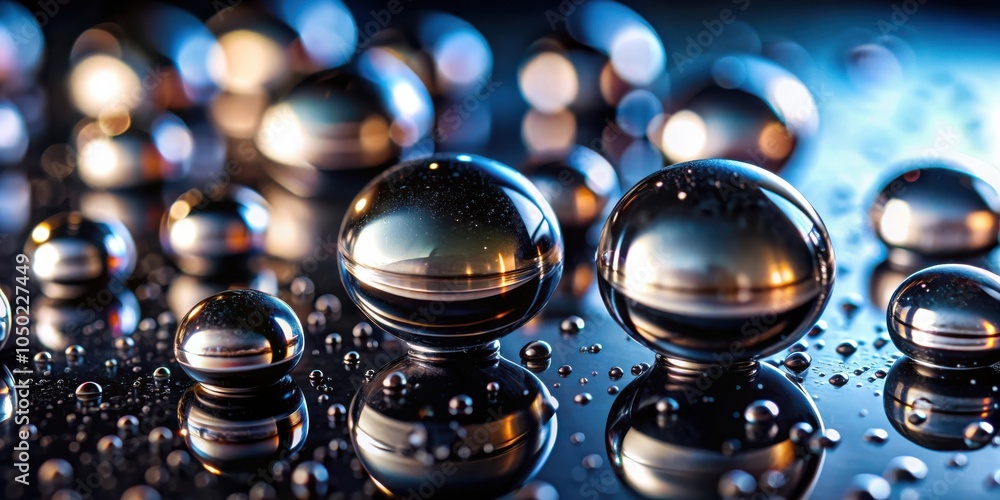 Poster A macro photograph showcasing the intricate reflections and textures of water droplets on a dark surface, creating a captivating interplay of light and shadow.