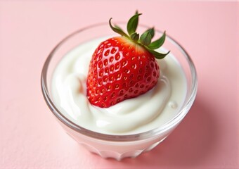 strawberry close-up in a glass saucer yogurt sour cream