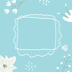 Winter minimalistic background with copy space. Banner with rectangle frames decorated with botanical elements and berries on a light blue background. Vector hand drawn illustration.