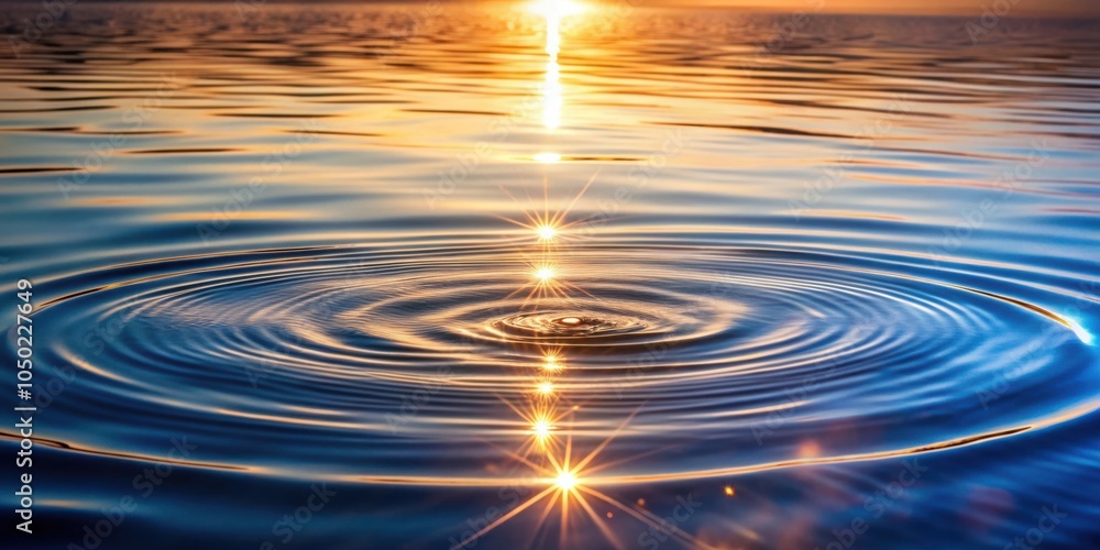 Poster ripples on the surface of a still body of water, with the setting sun reflecting in the water, creat