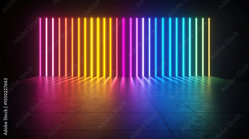 Aufkleber A vibrant display of neon light bars in various colors, casting reflections on a dark floor, creating a dynamic and colorful atmosphere.