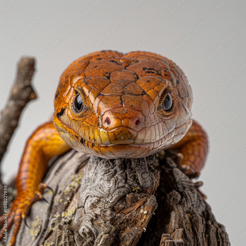 Poster broad headed skink perched on branch displaying its striking colors and intricate patterns under sof
