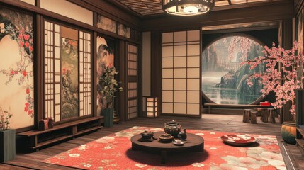 Serene Japanese Tea Room With Cherry Blossom Decor