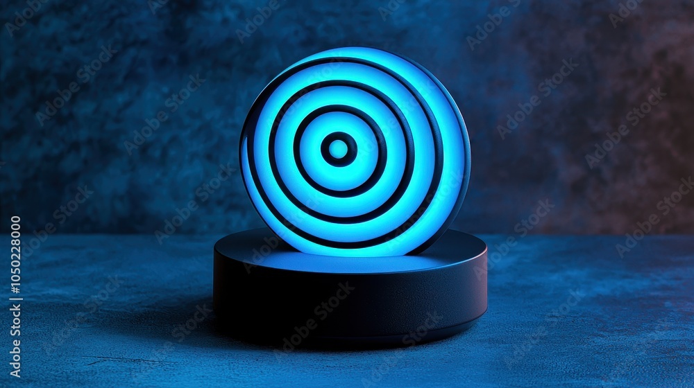 Poster a vibrant, abstract design featuring concentric circles illuminated in blue tones against a textured