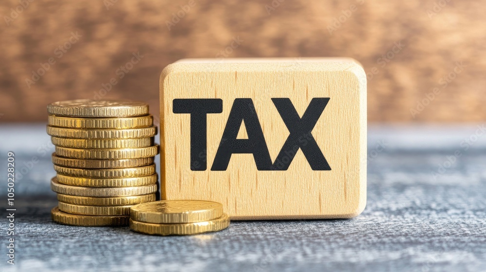 Poster wooden cubes displaying the word tax alongside stacks of coins on a rustic background in a well-lit 