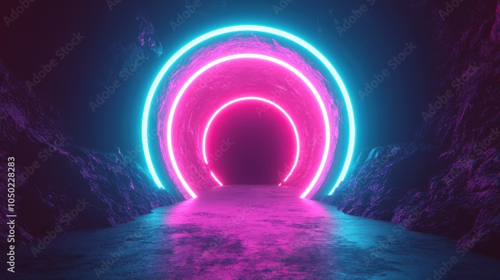 Poster a vibrant, neon-lit tunnel with circular light patterns, creating a surreal and immersive atmosphere