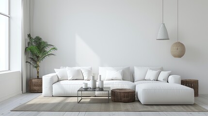 A minimalist living room with a white sectional sofa and a plant.