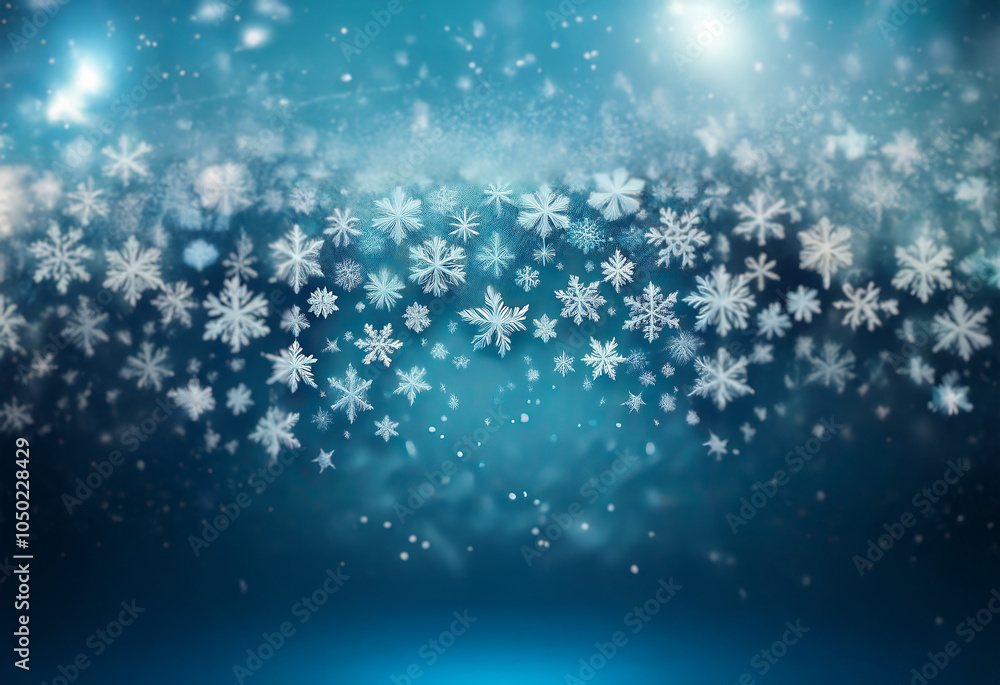 Poster a blue background with a wave of white snowflakes falling. the snowflakes are of different sizes and