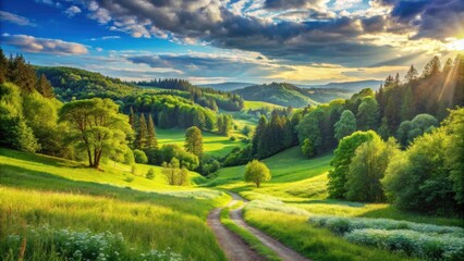 Obraz premium A Winding Path Through a Lush Green Valley Bathed in Golden Sunlight, With Rolling Hills and Sunbeams Piercing Through the Clouds