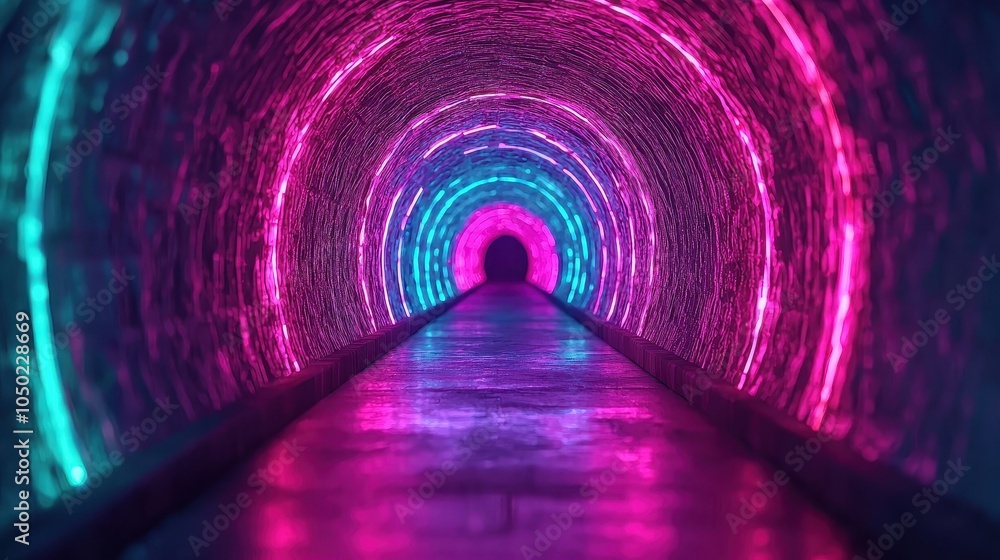Aufkleber a vibrant, illuminated tunnel featuring circular patterns of blue and pink lights, creating a futuri