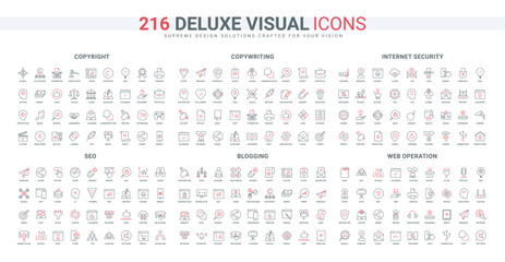 SEO filters and hosting, copyright of author content, calendar and pen for blog posts and blogging line icon set. Web operation and copywriting thin black and red outline symbols vector illustration