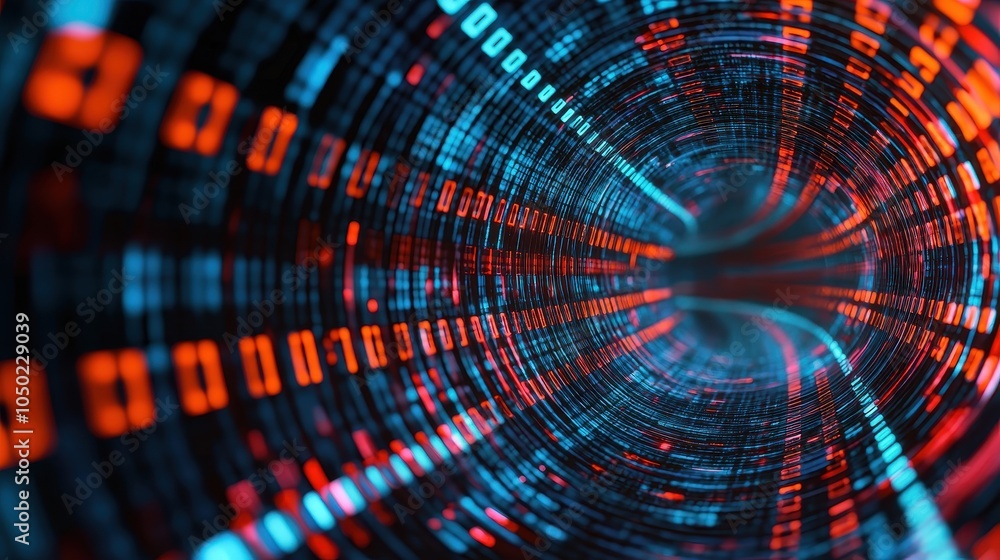 Poster a vibrant, abstract depiction of a tunnel of binary code, illustrating data flow and digital technol