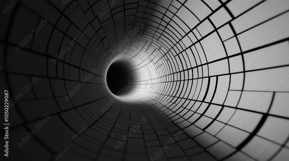 Poster a dark tunnel made of grid-like patterns, creating a sense of depth and infinity.
