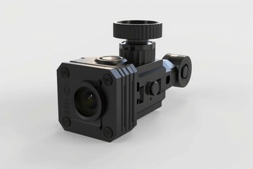 Professional digital video action camera with lens and adjustment set staying on white background