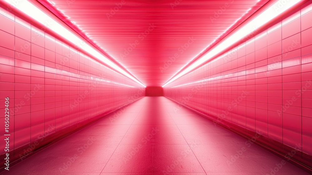 Poster a futuristic tunnel illuminated in vibrant red light, creating a striking visual effect that suggest