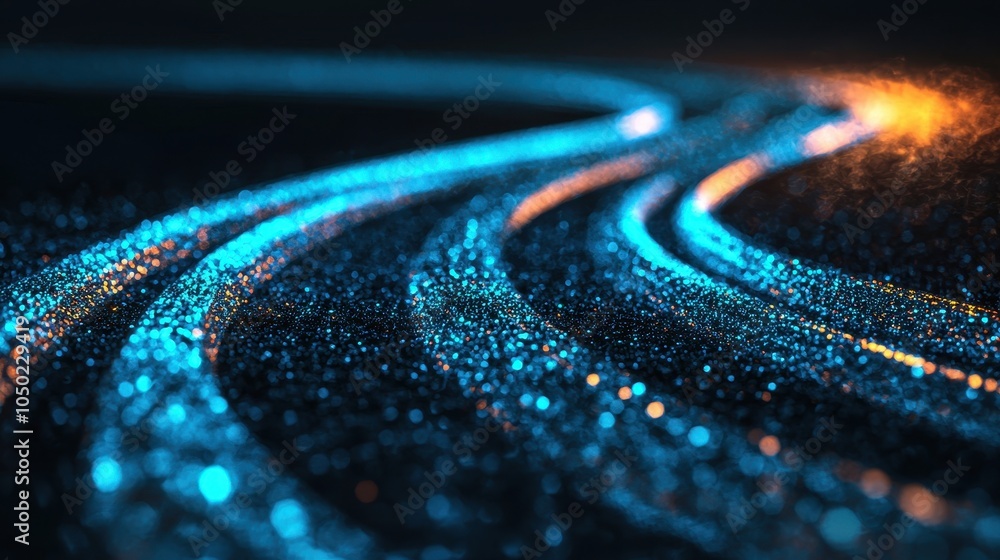 Poster a mesmerizing abstract image features glowing blue and orange lines wending through a dark backgroun