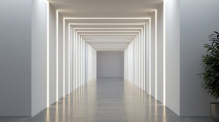 Fototapeta premium A minimalistic hallway featuring bright, linear lighting and a green plant, evoking a modern and serene atmosphere.