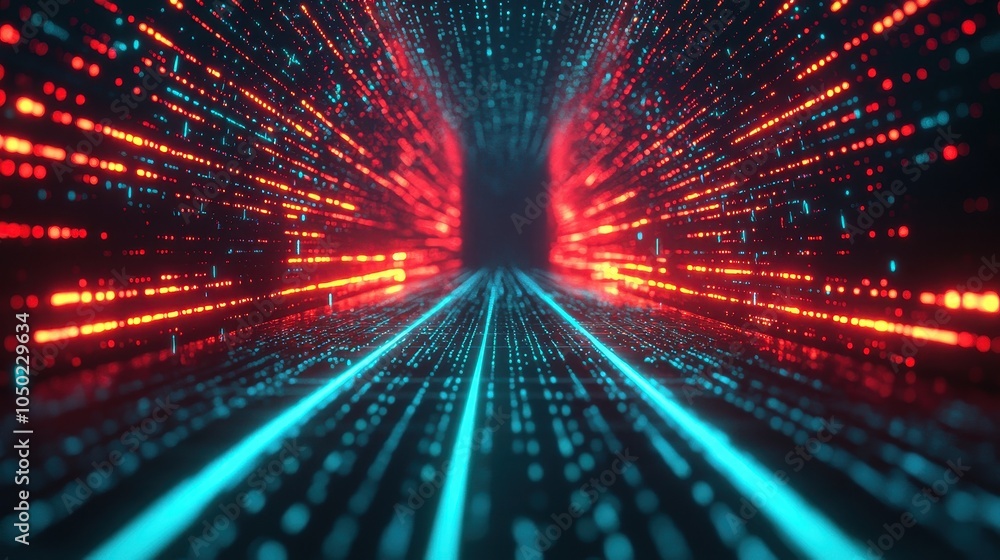 Poster a vibrant digital tunnel filled with dynamic red and blue light streaks, creating a sense of speed a