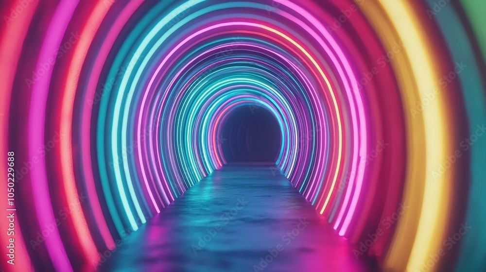 Poster a vibrant, colorful tunnel illuminated by neon lights, creating a hypnotic and surreal atmosphere wi