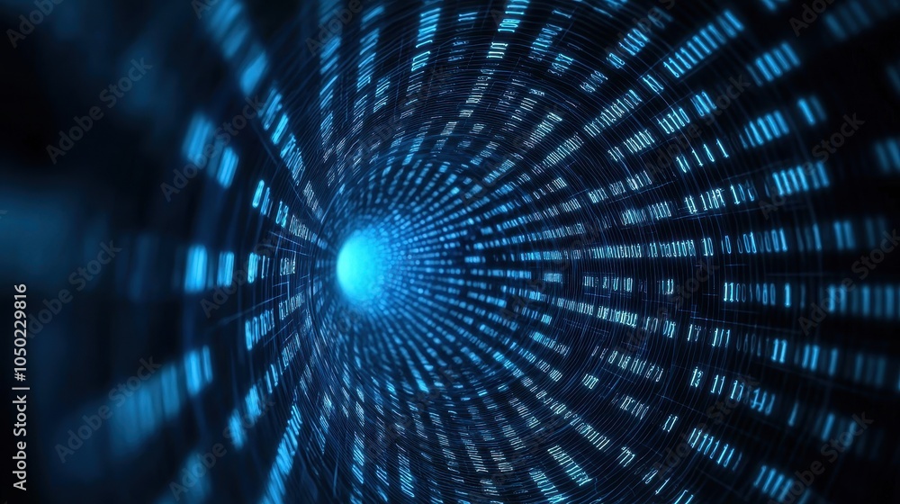 Poster a swirling vortex of blue light and digital data, creating a captivating illusion of depth and movem