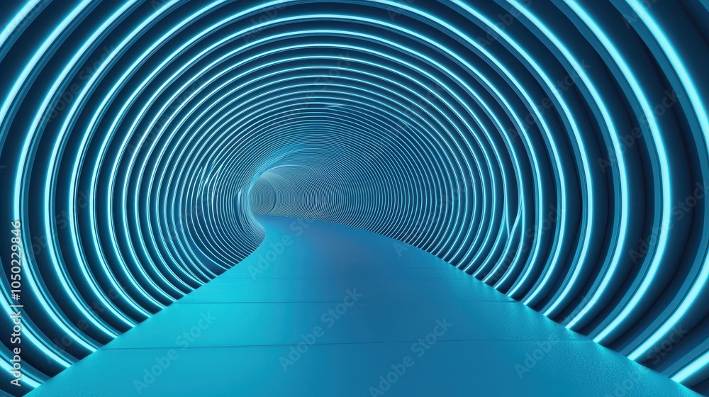 Poster a futuristic tunnel illuminated with blue neon lights, creating a mesmerizing visual effect and conv