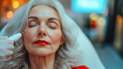 Elderly Woman Undergoing Professional Skin Treatment in Clinical Setting for Anti-Aging Skincare. Generative ai