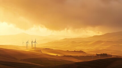 Fototapeta premium Wind Farm Turbines Rolling Hills During Golden Hour