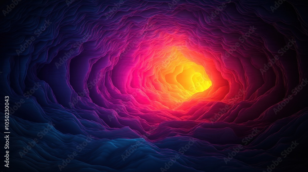Poster a vibrant, swirling abstract image featuring a luminous core surrounded by dark hues, creating a cap