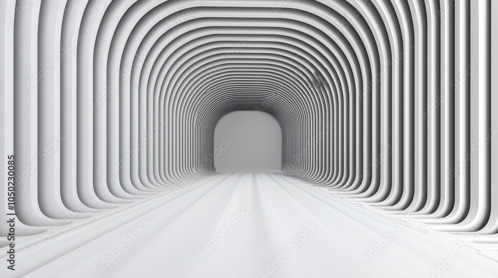 Poster a minimalist white tunnel with curved arches, creating a sense of depth and infinity.
